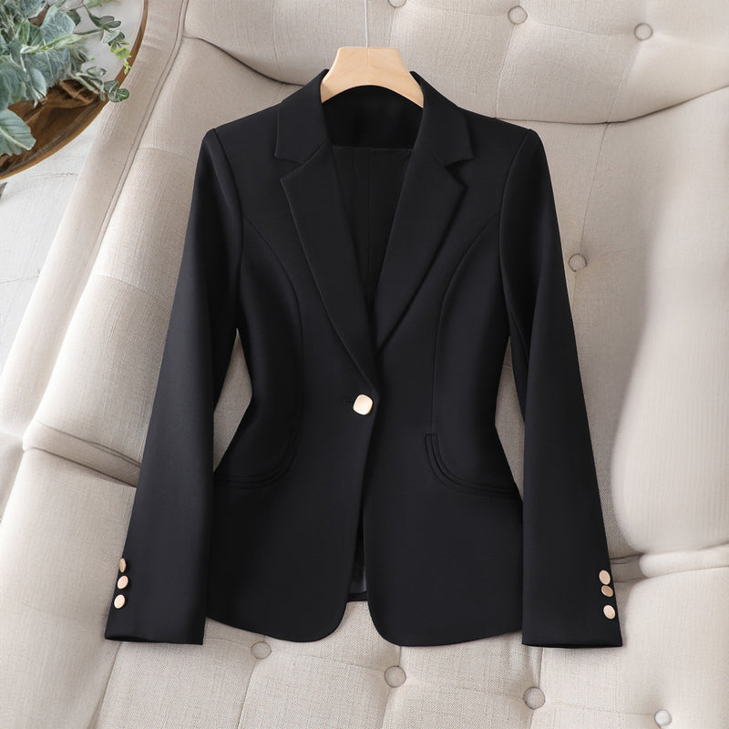 Women's black notched-collar tailored blazer with gold buttons and flap pockets