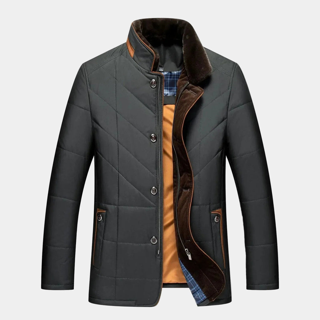 Men's quilted fall jacket in dark gray/black with faux-fur collar trim and snap buttons