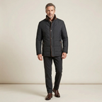 Men's insulated parka jacket in black with hood, front zip, and elastic cuffs