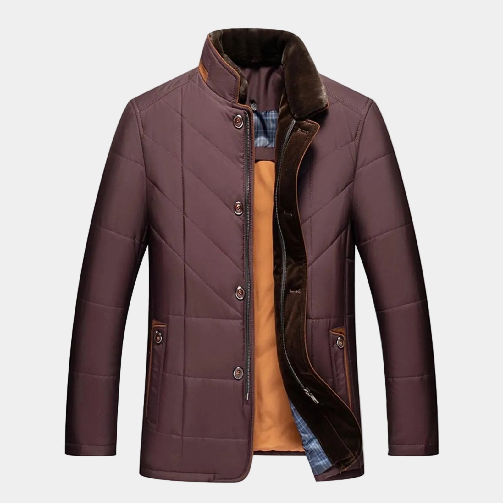 Men's quilted fall jacket in chestnut brown with faux-fur collar trim and snap buttons