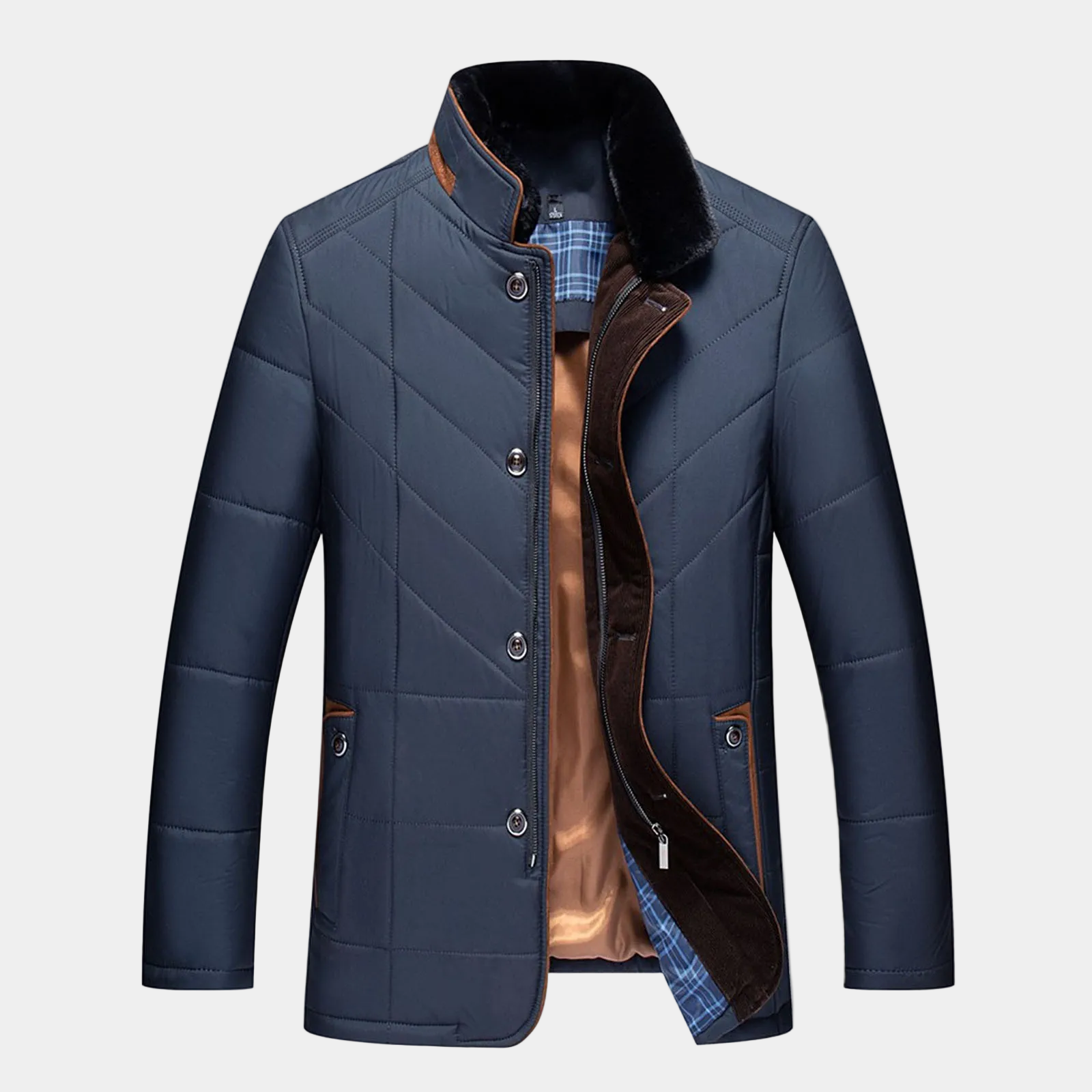 Men's quilted fall jacket in blue with faux-fur collar trim and snap buttons