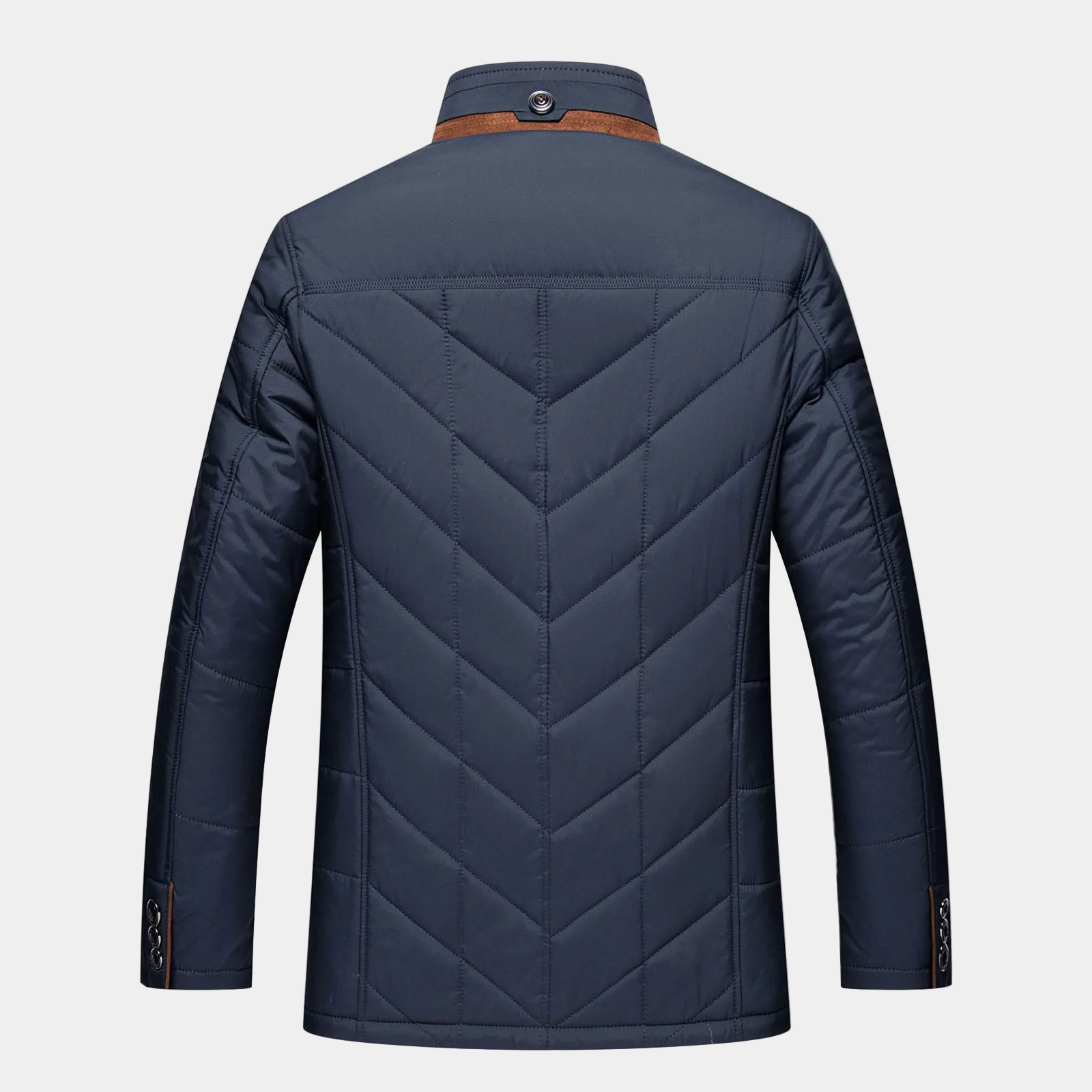 Men's blue quilted fall jacket back with chevron stitching and stand collar