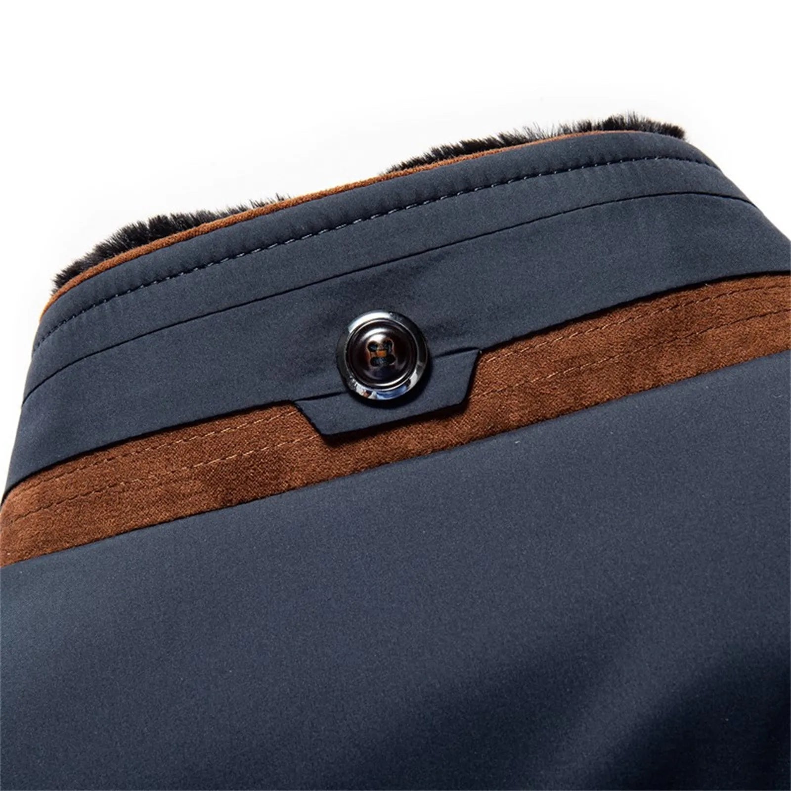 Blue jacket collar with faux-fur lining, brown trim, and snap button
