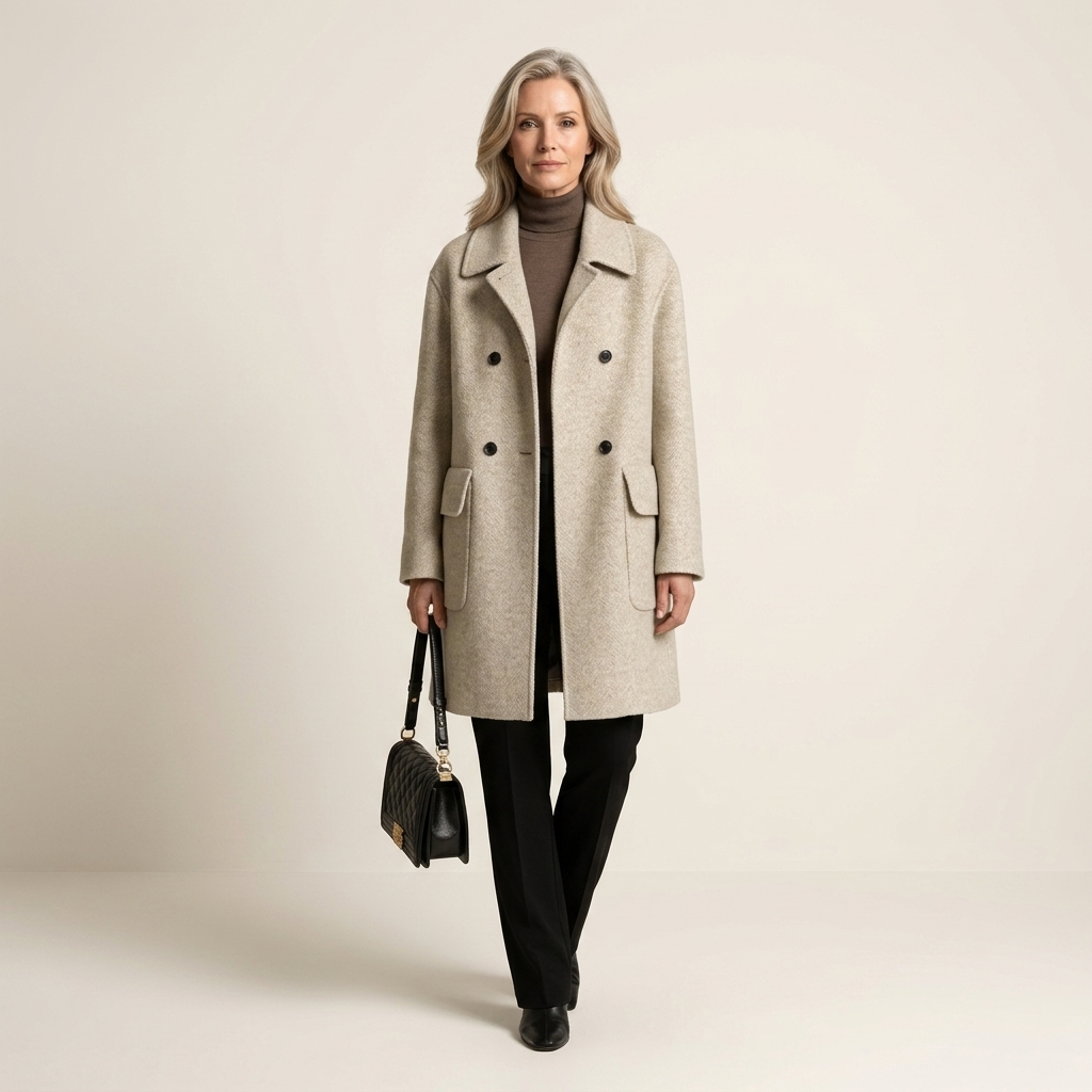Beige double-breasted wool-blend coat with structured collar, flap pockets, oversized fit