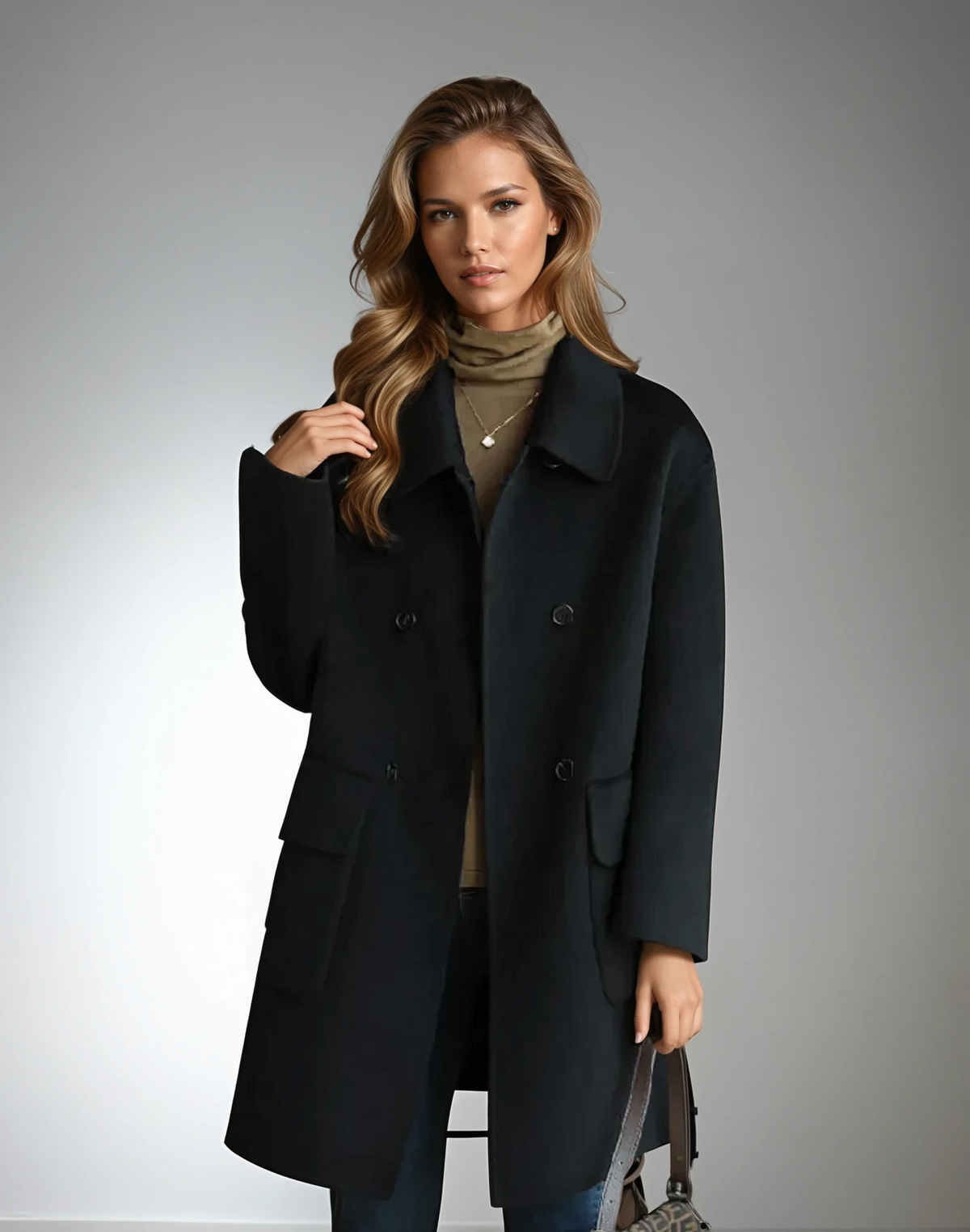 Black long coat with turn-up collar and button front, flap pockets