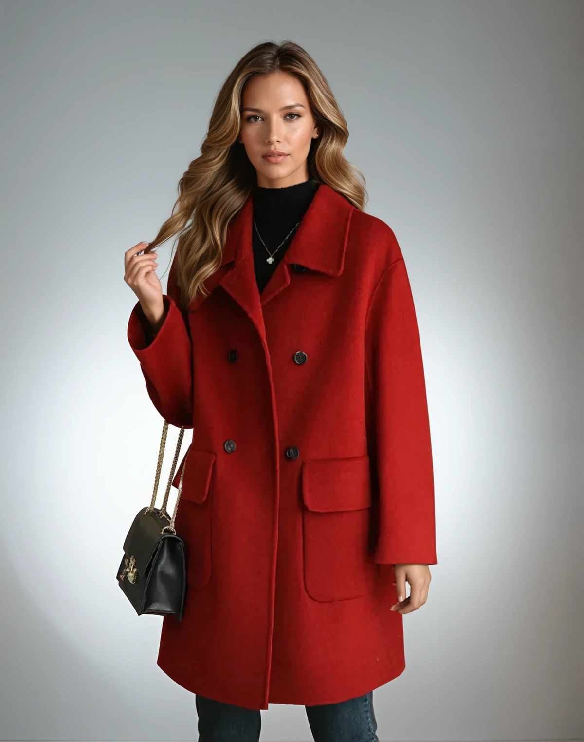 Red long coat with turn-up collar and button front, flap pockets