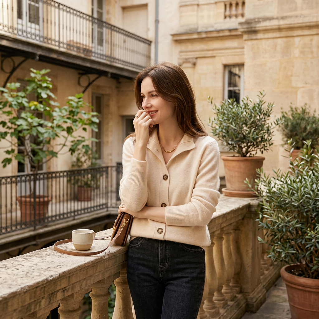 Beige soft knit cardigan with button-front, long sleeves and relaxed fit