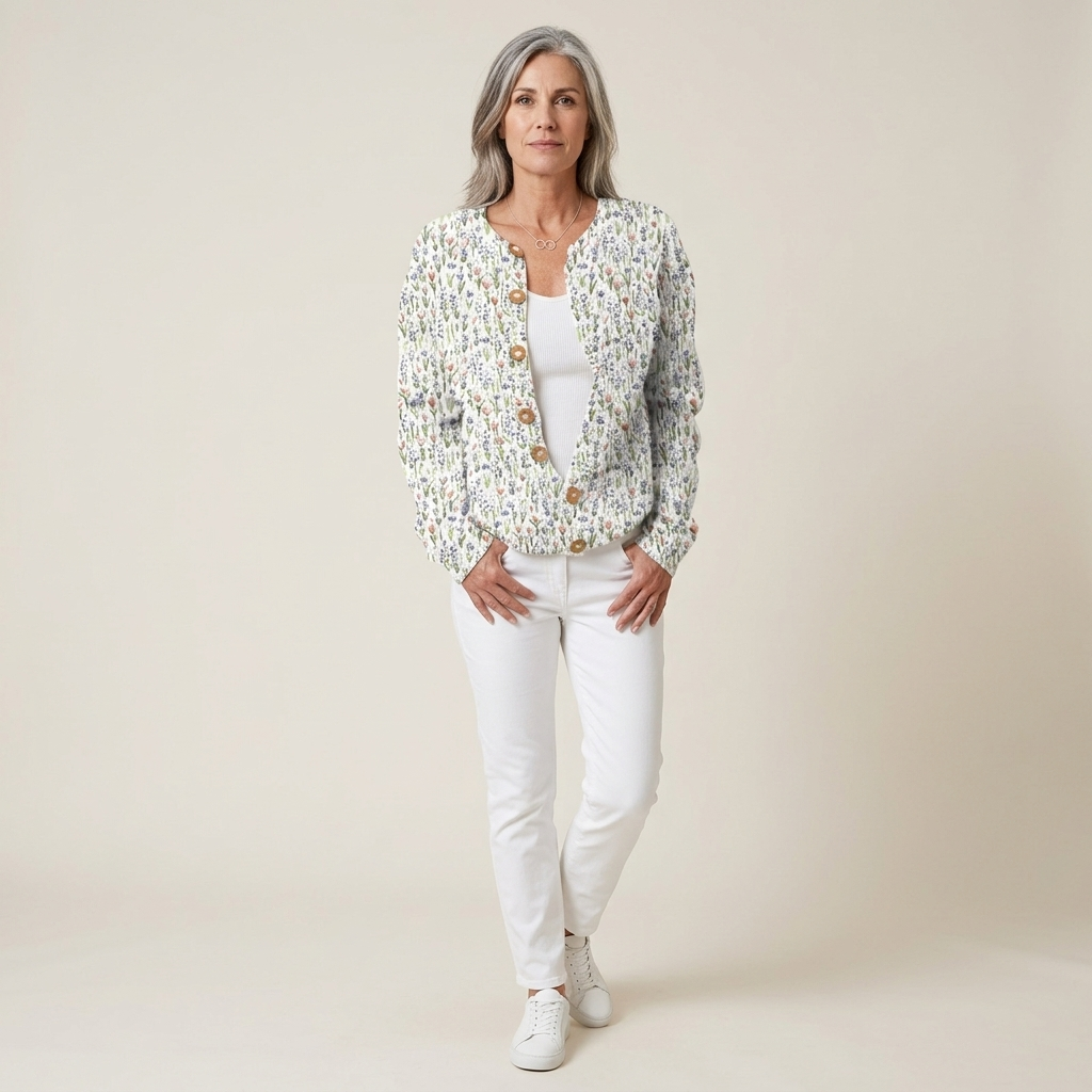 Women's open-front knit cardigan, multicolour speckled pattern with button closure