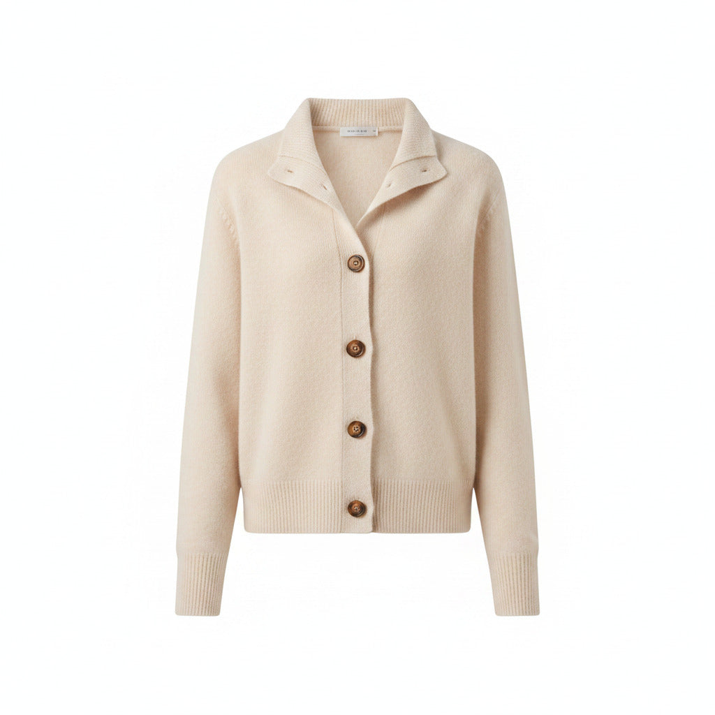 Beige knit cardigan with button front, long sleeves, and ribbed cuffs.