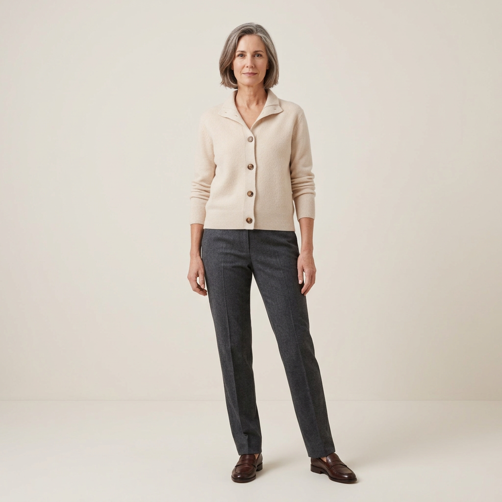 Beige women’s knit cardigan with button front, collar, long sleeves