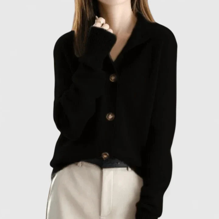 Black knit cardigan with button front, long sleeves, and ribbed cuffs.