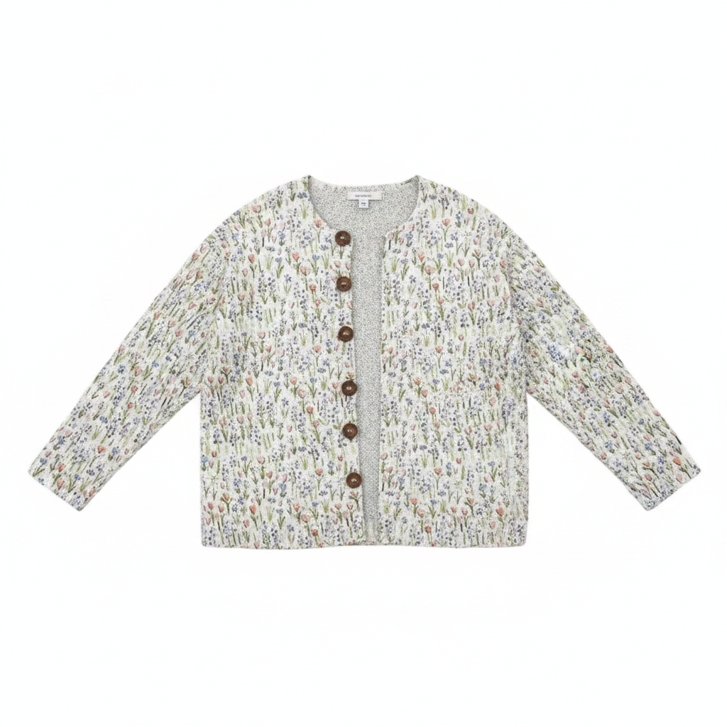 Floral multicolor open-knit cardigan with V-neck, button-front, long sleeves