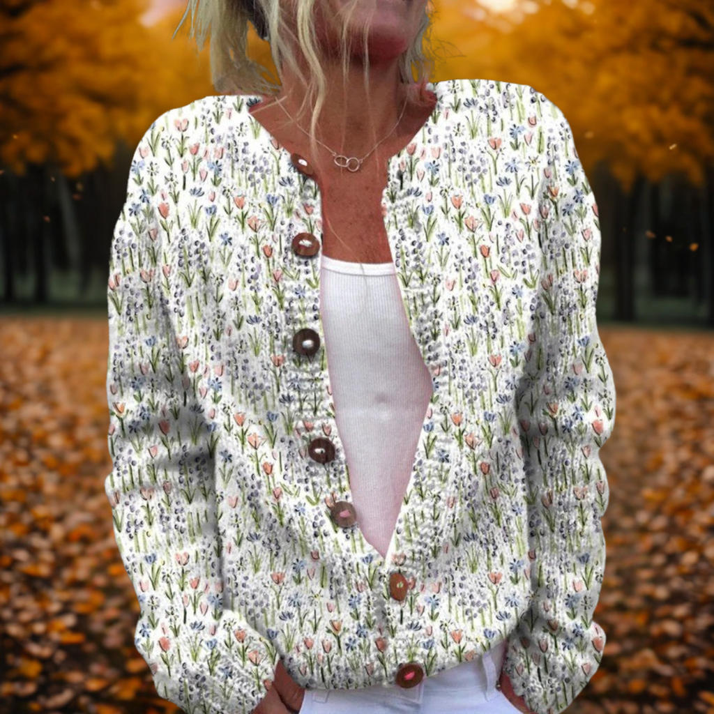 Multicolour floral knit cardigan, open front with dark buttons and long sleeves