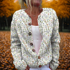 Multicolour floral knit cardigan, open front with dark buttons and long sleeves
