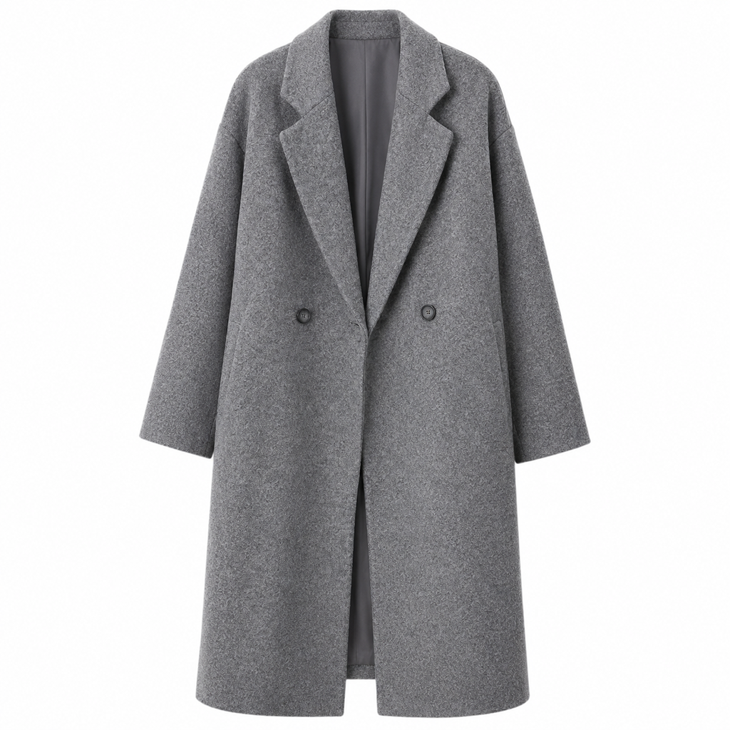 Grey double-breasted long coat with notched lapels and front button details