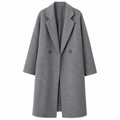 Grey double-breasted long coat with notched lapels and front button details