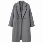 Grey double-breasted long coat with notched lapels and front button details