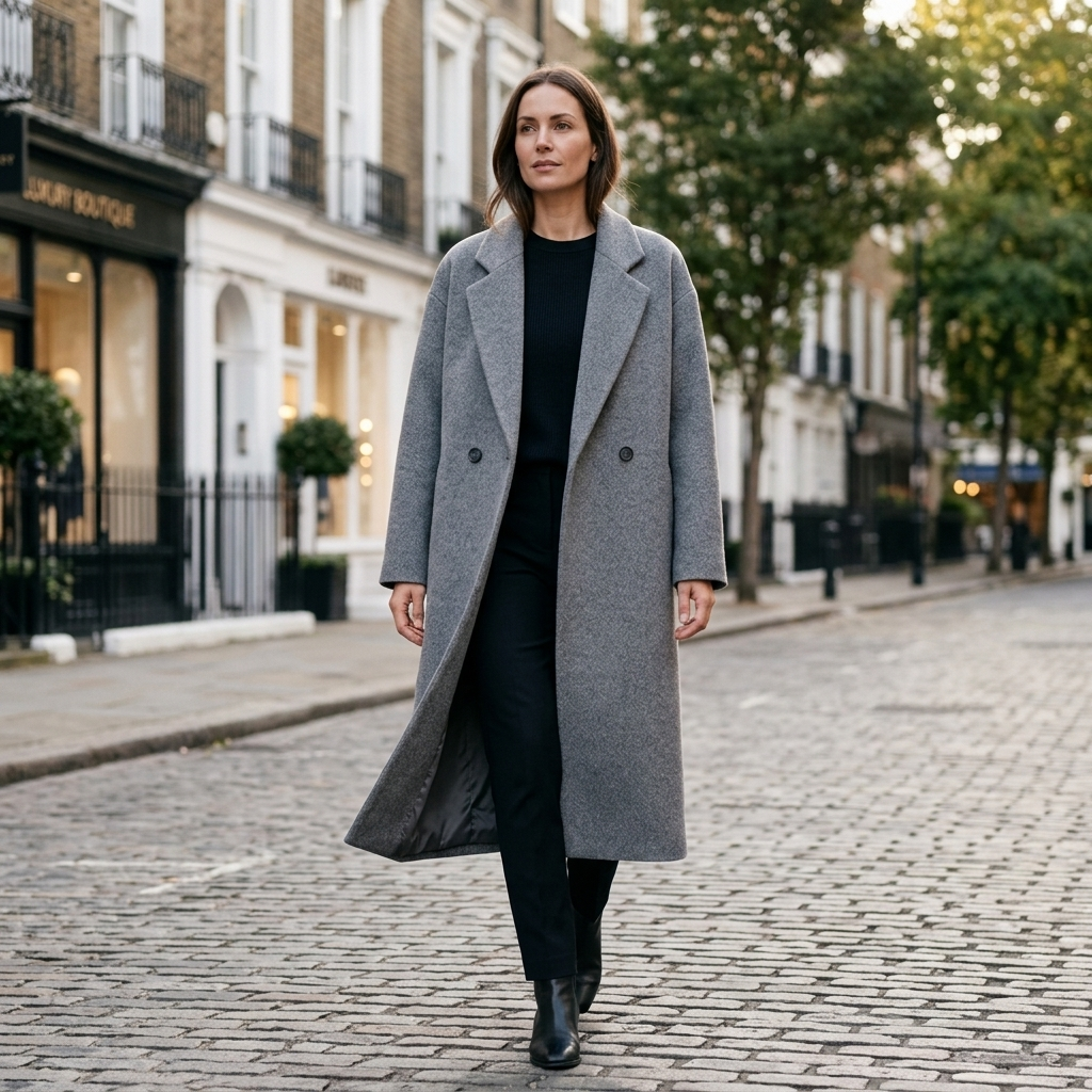Grey oversized long coat with notched lapels worn over black top and dark pants