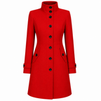 Women's tailored longline coat, bright red with stand collar, button front and side pockets