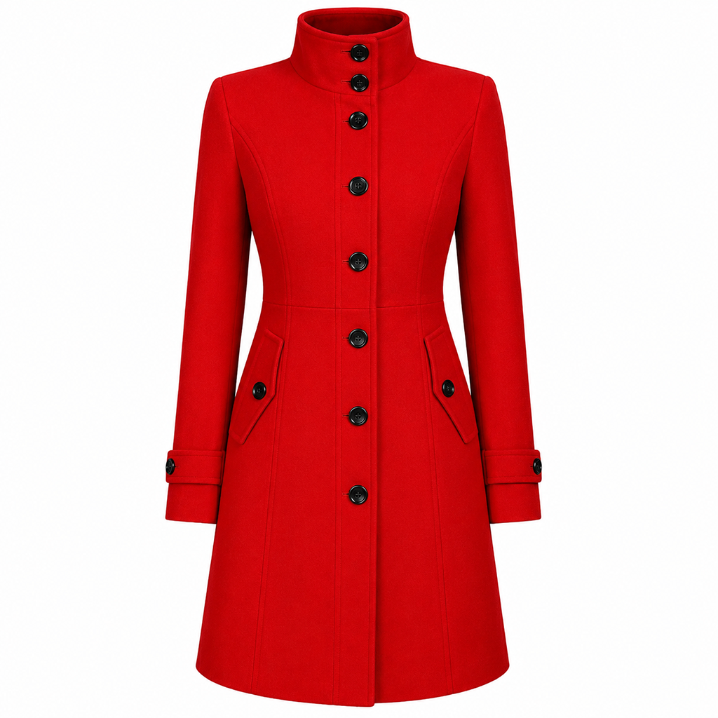 Women's tailored longline coat, bright red with stand collar, button front and side pockets