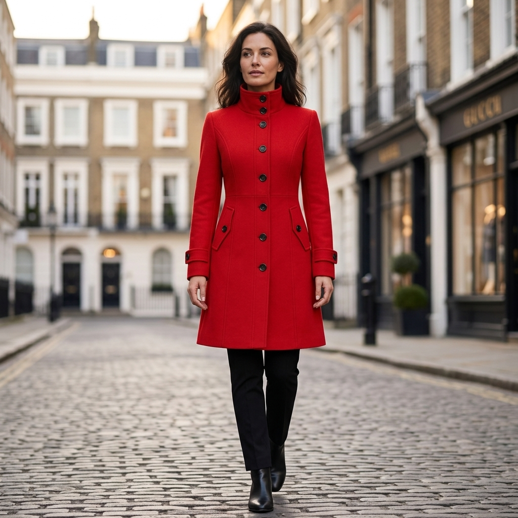 Women's tailored longline coat, red with high collar and buttoned front, side welt pockets