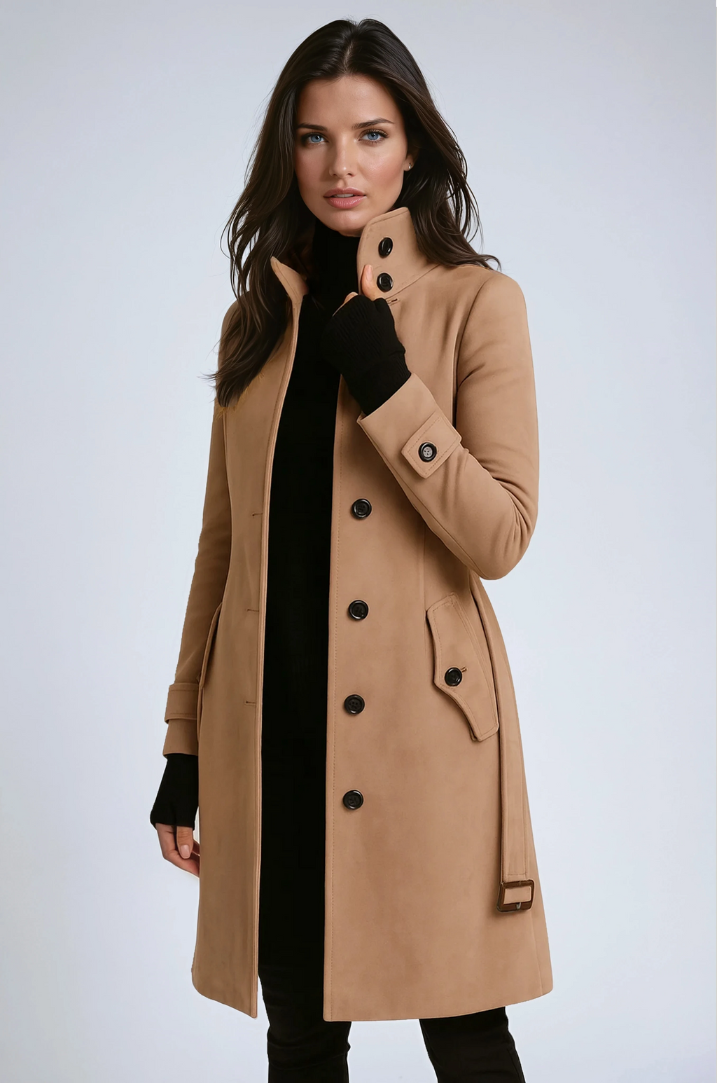 Women's longline tailored coat, tan with double-breasted button closure and structured lapels