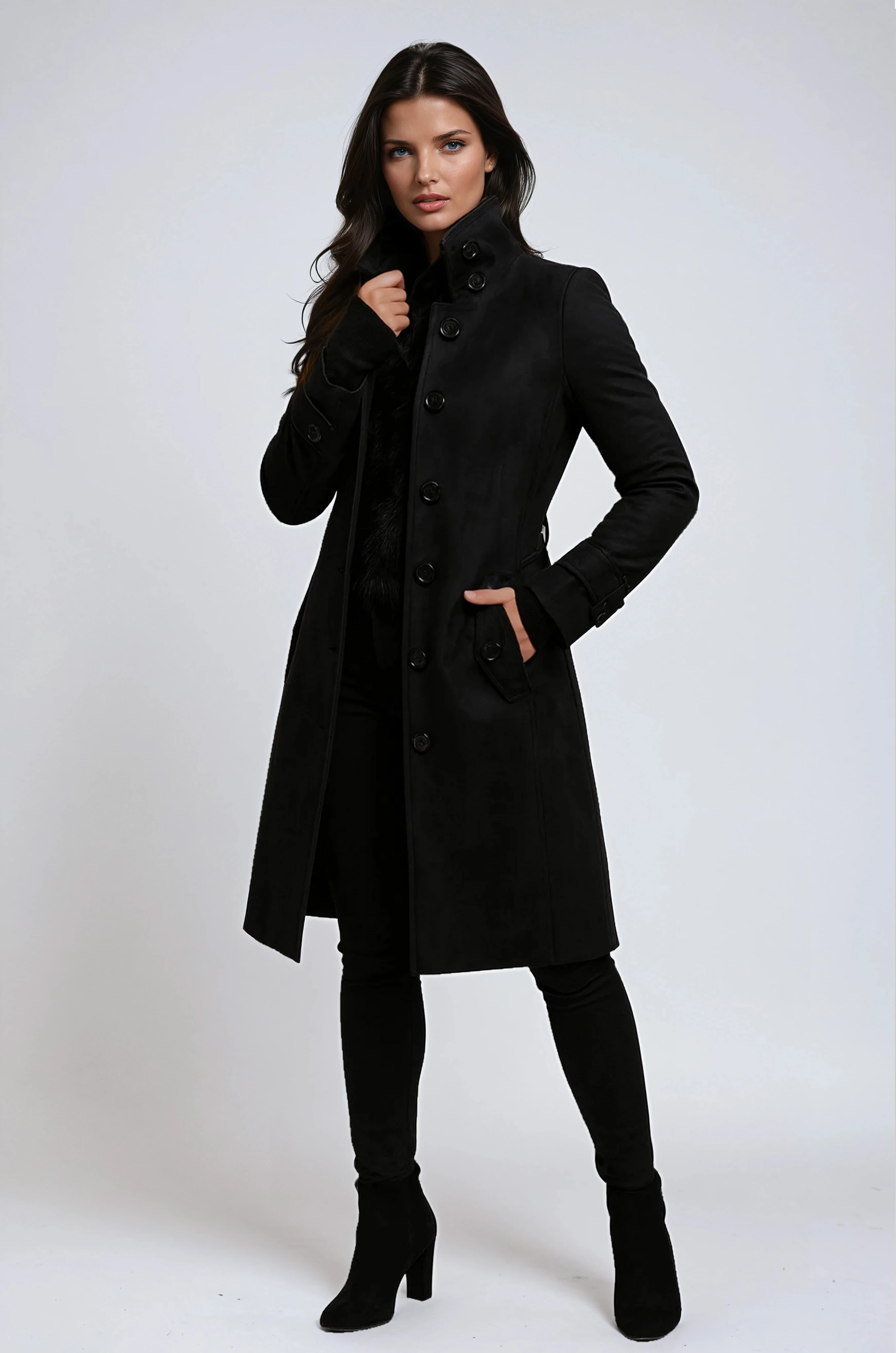 Women’s black winter trench coat with double-breasted buttons, side slit, long sleeves