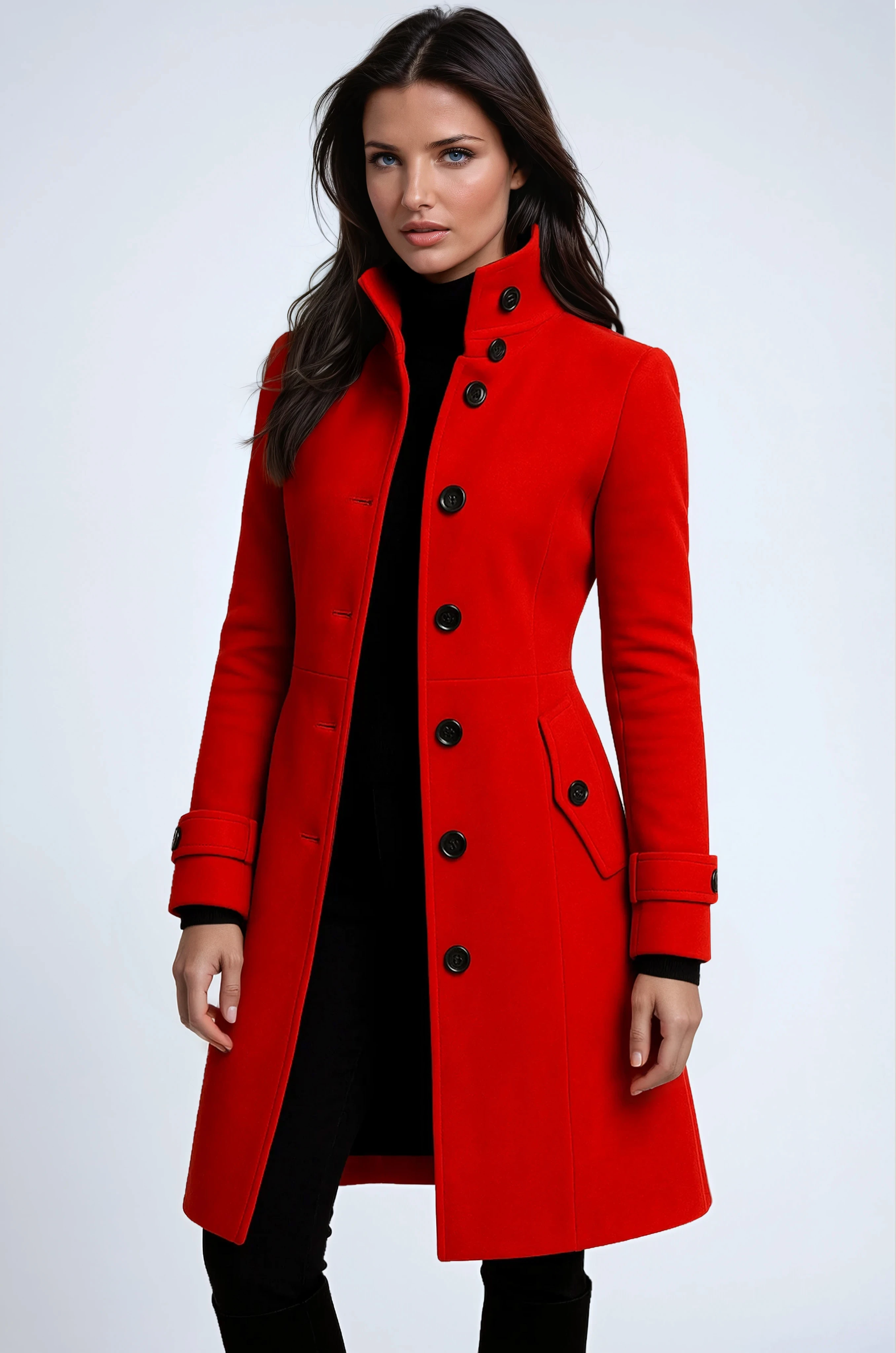 Women’s red winter trench coat, double-breasted buttons, flap pockets, long sleeves