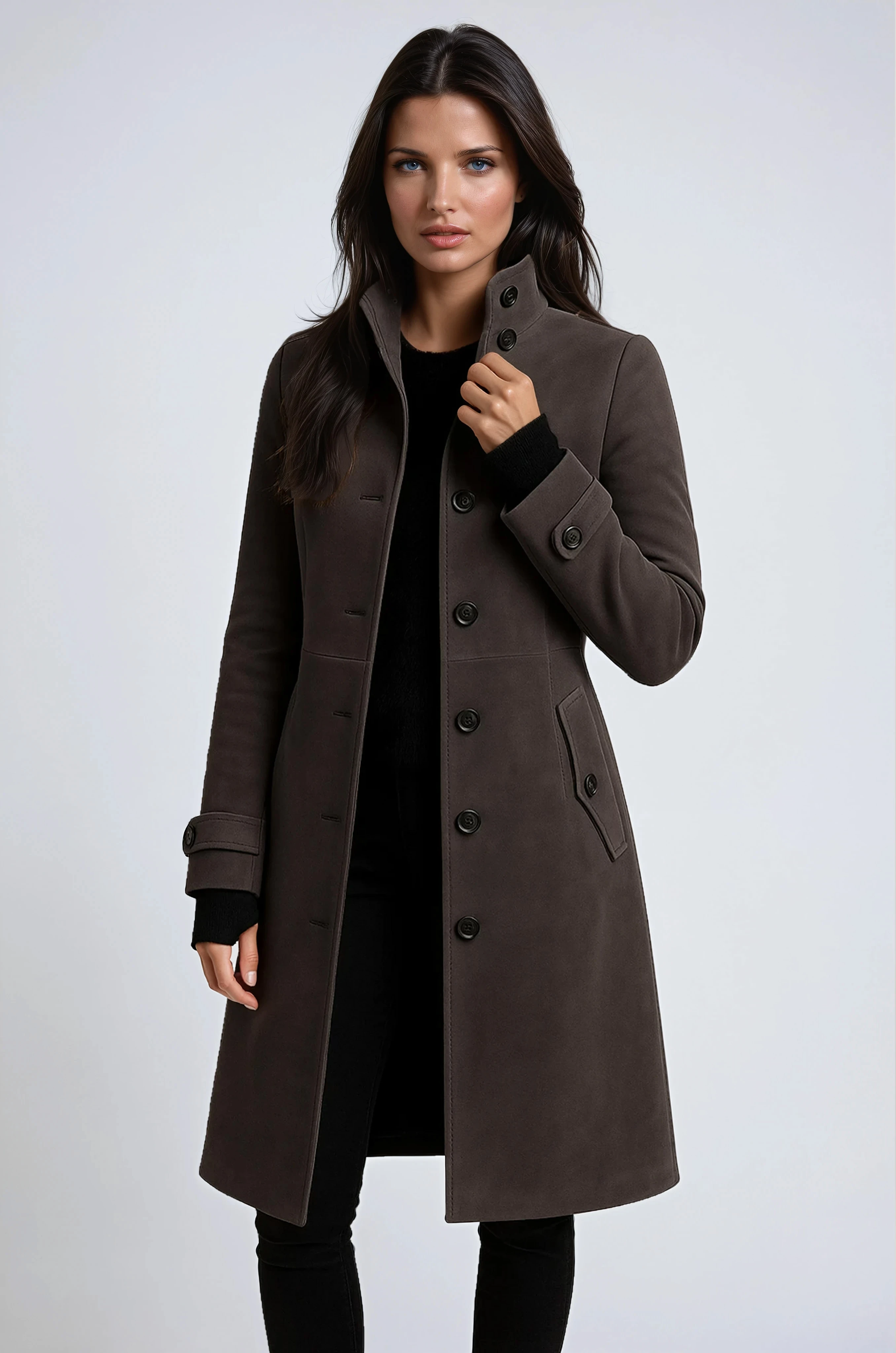 Women’s dark gray winter trench coat, double-breasted buttons, flap pockets, long sleeves