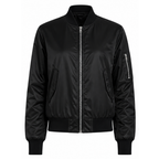 Black zip-up bomber jacket with ribbed cuffs, stand collar, and side pocket zips