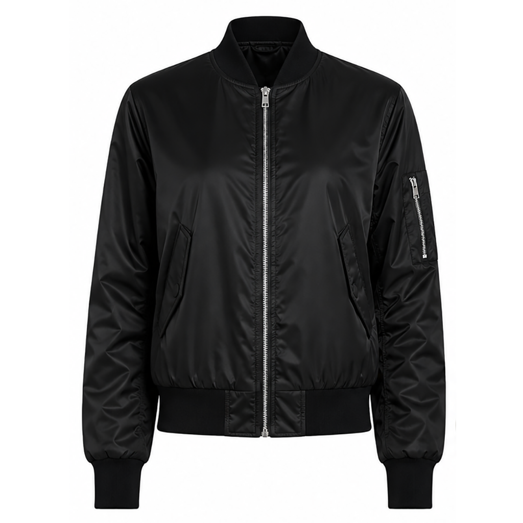 Black zip-up bomber jacket with ribbed cuffs, stand collar, and side pocket zips