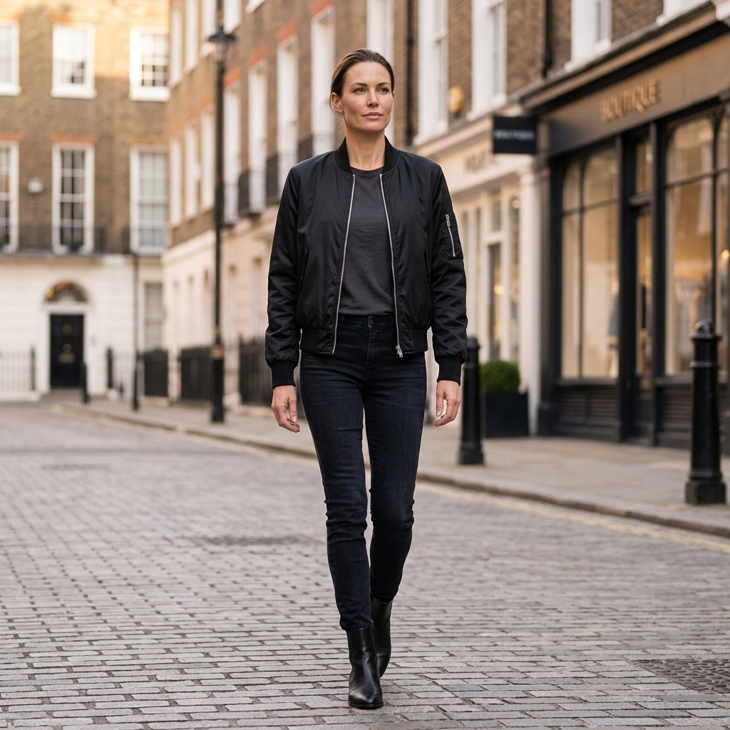 Black bomber jacket worn with ribbed cuffs and zip front; side zipper pockets