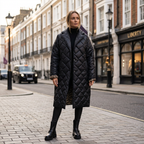 Women's black quilted coat, mid-thigh, diamond quilt, button front