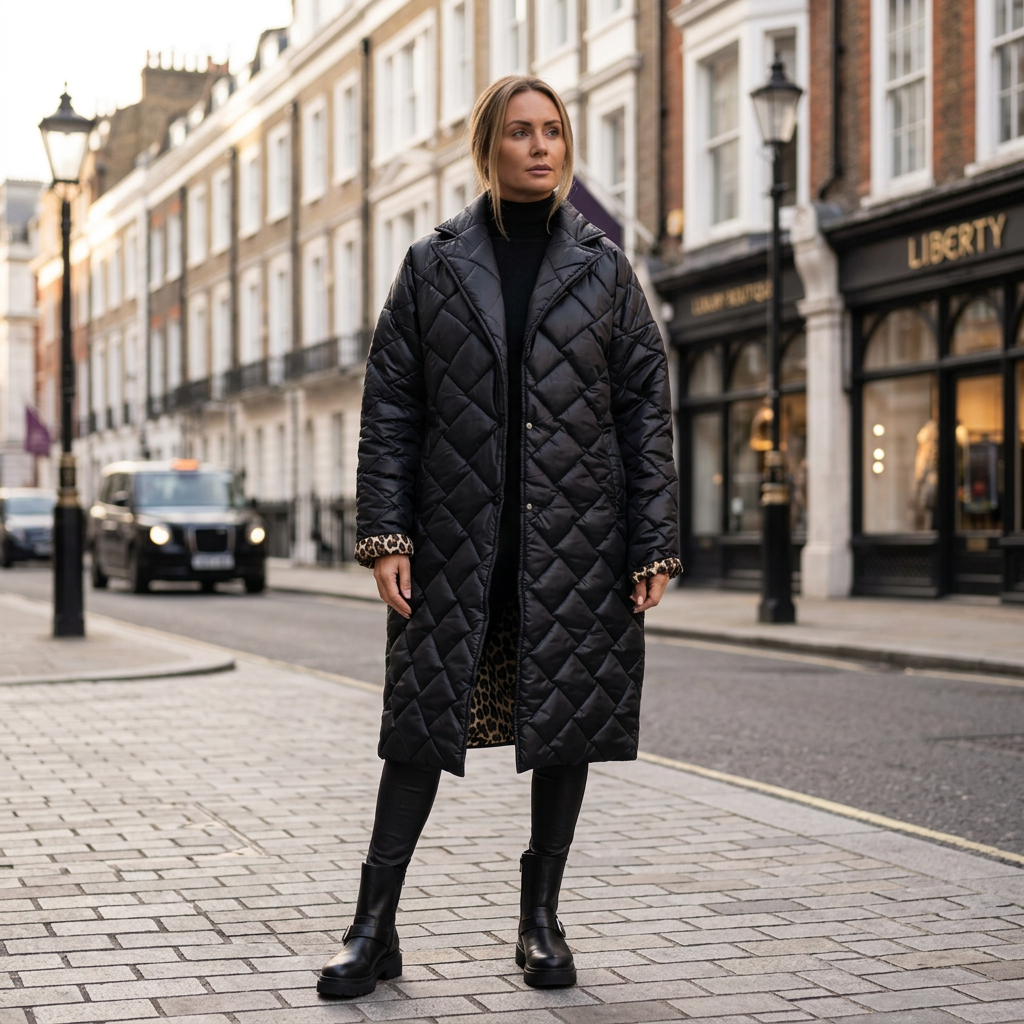 Women's black quilted coat, mid-thigh, diamond quilt, button front