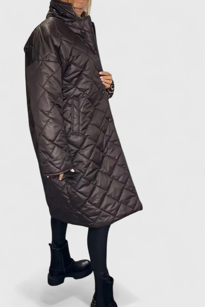 Long dark brown quilted coat with button front and high neck, side pockets