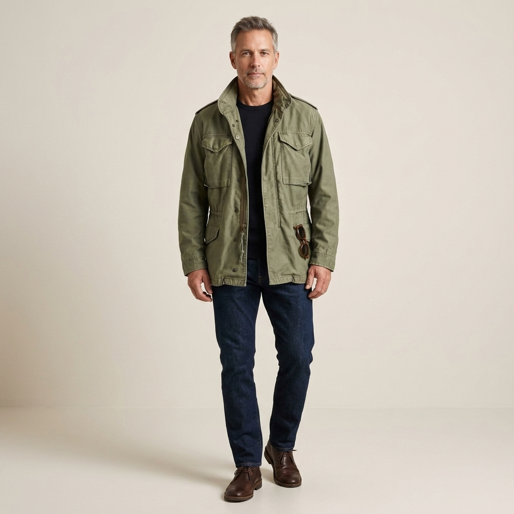 Green hooded field jacket with button front, chest and side pockets, drawstring waist