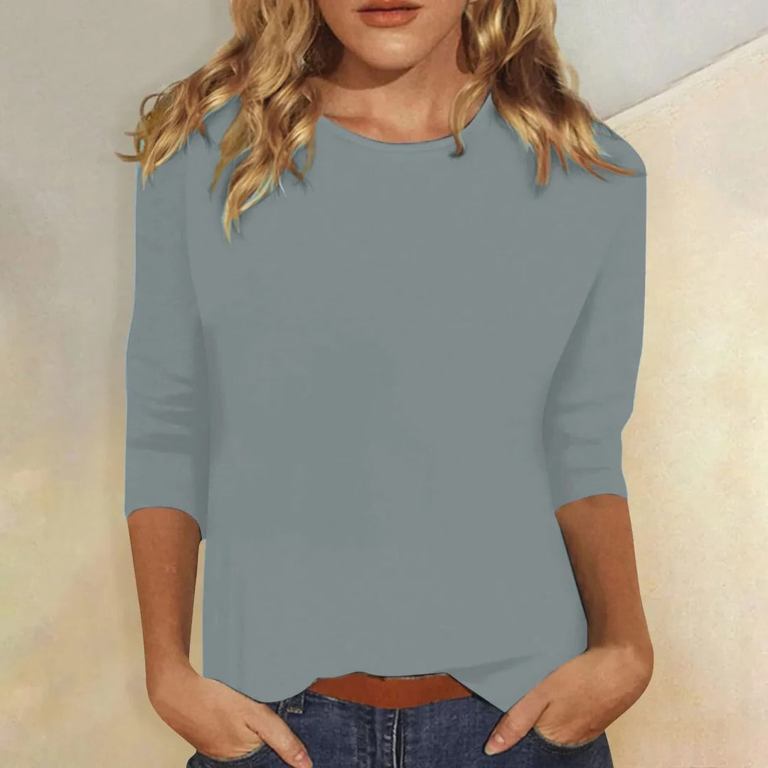 Women’s solid crew neck top with three-quarter sleeves, relaxed straight fit, gray-blue