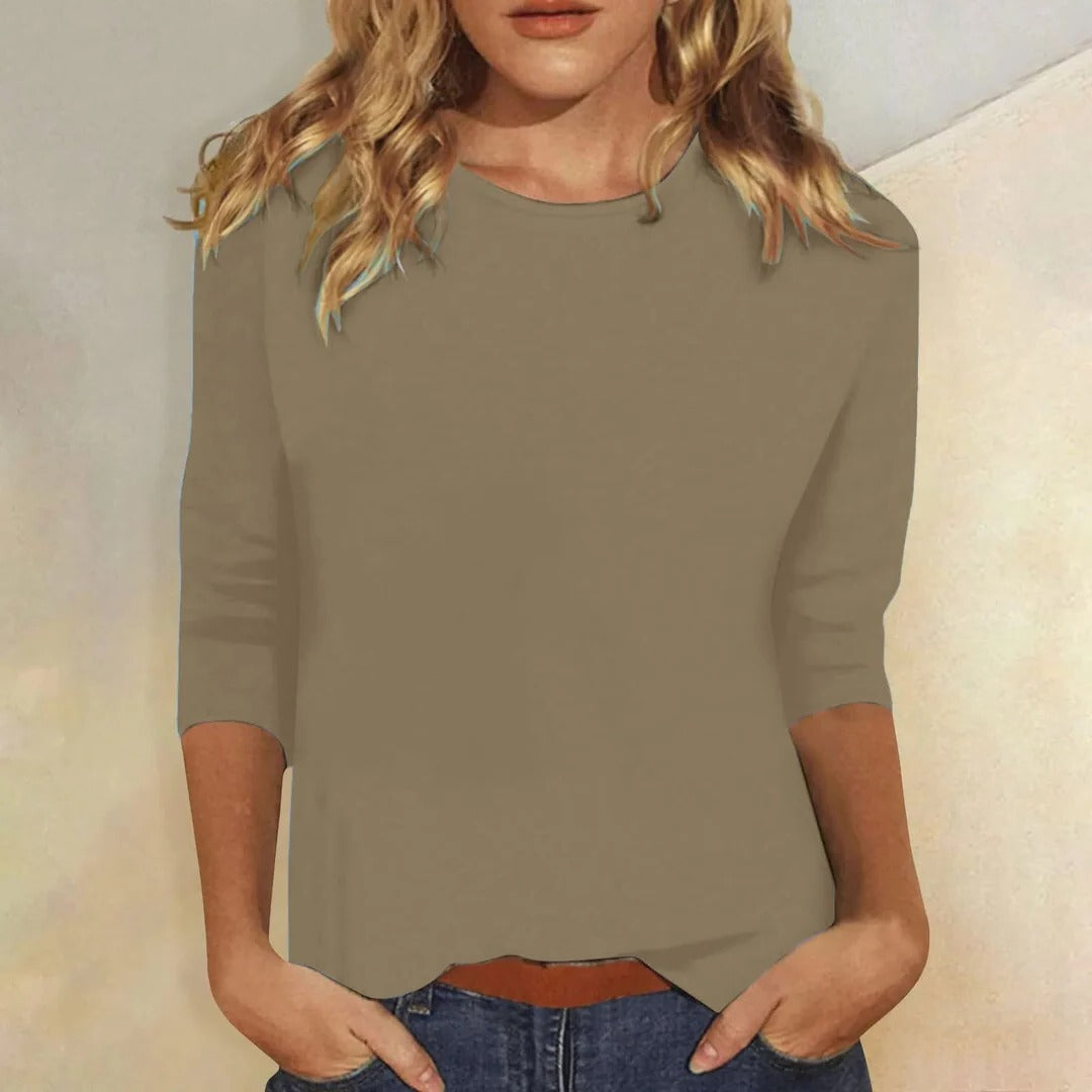 Women’s solid crew neck top with three-quarter sleeves, relaxed straight fit, taupe