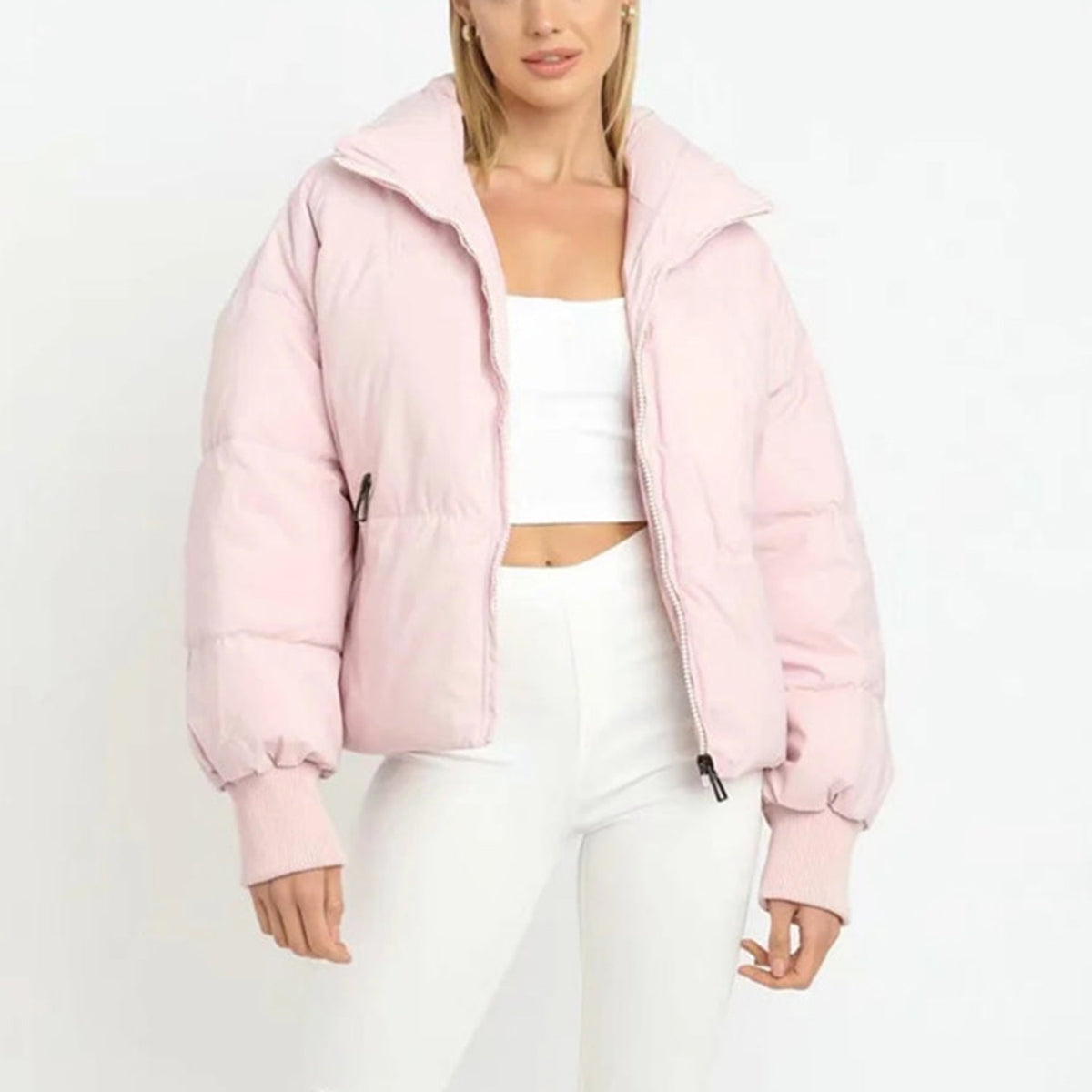 Women's short down jacket with hood, pink, full-zip, cropped puffer style.
