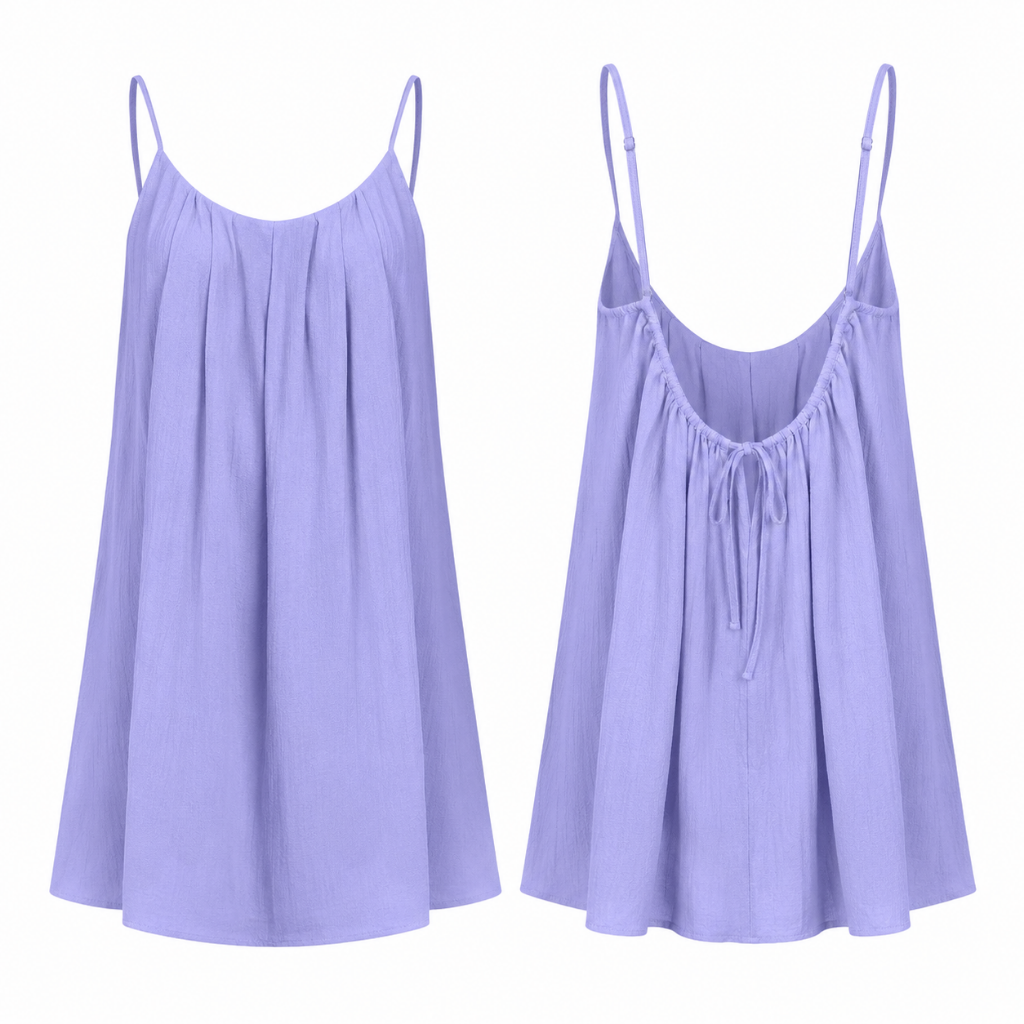Women’s loose midi dress with spaghetti straps, gathered scoop neckline, pleated skirt