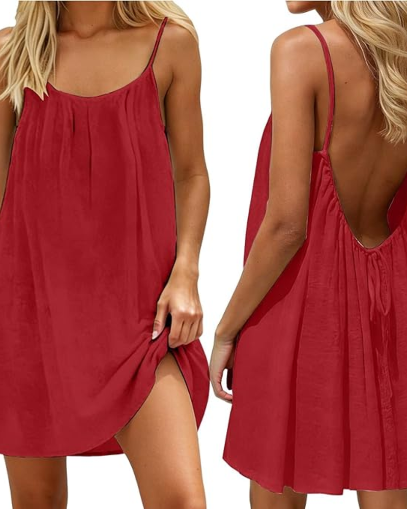 Women’s loose-fit sleeveless dress in red, spaghetti straps, pleated bodice, side slit hem