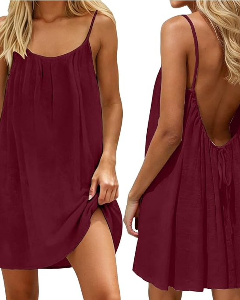 Women’s loose-fit sleeveless dress in burgundy, spaghetti straps, pleated front, side slit hem