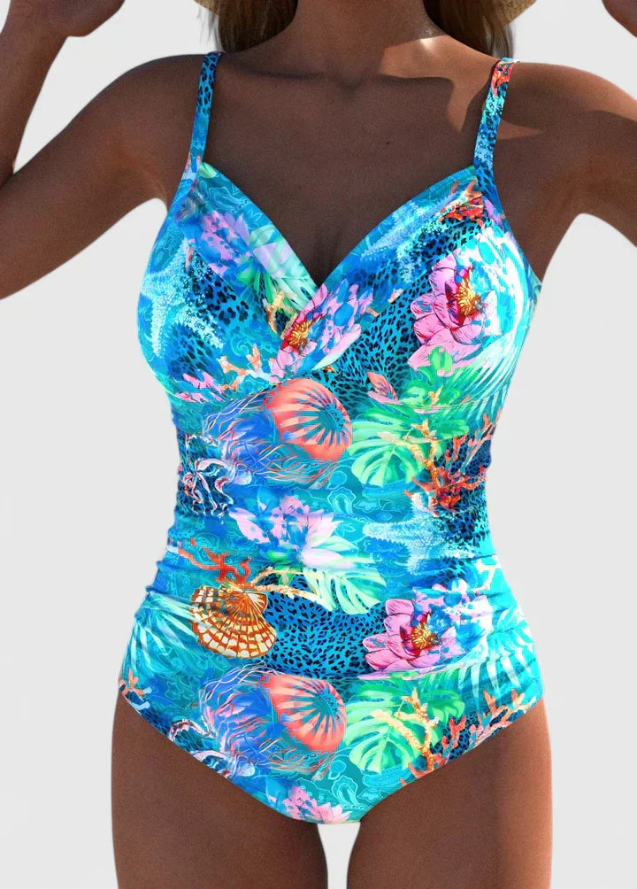 Women’s tropical print one-piece swimsuit, ruched waist and V-neck front