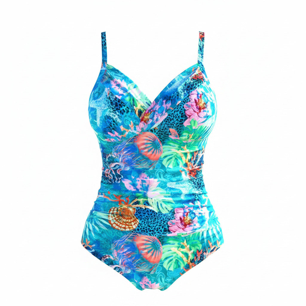 Women’s tropical print one-piece swimsuit with V-neck and ruched waist
