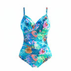 Women’s tropical print one-piece swimsuit with V-neck and ruched waist