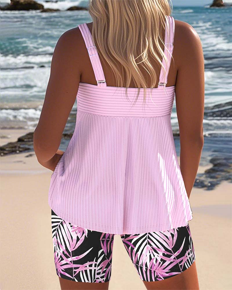 Lavender twist-front tankini top with matching tropical leaf bike shorts set