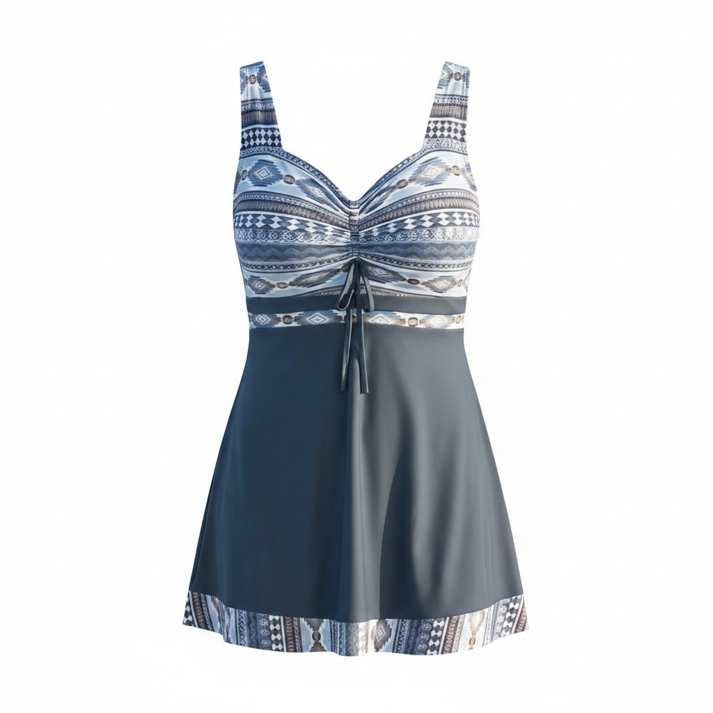 Women’s swim tankini set, navy with blue patterned trim and drawstring V-neck