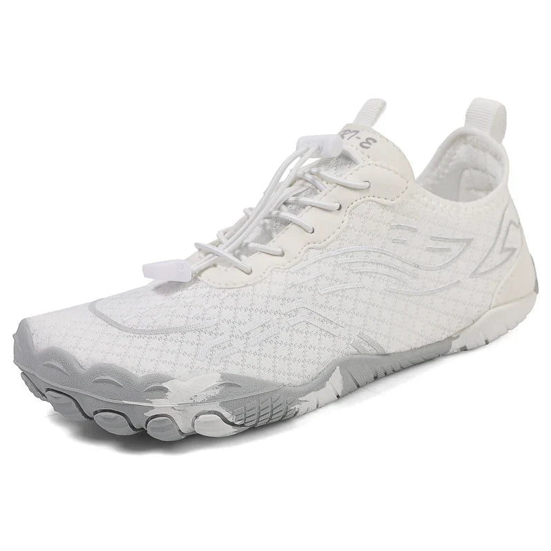 White low-top lace-up barefoot shoes with flexible tread sole and breathable knit upper.