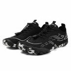 Black unisex water shoes with lace-up knit upper and rugged non-slip sole