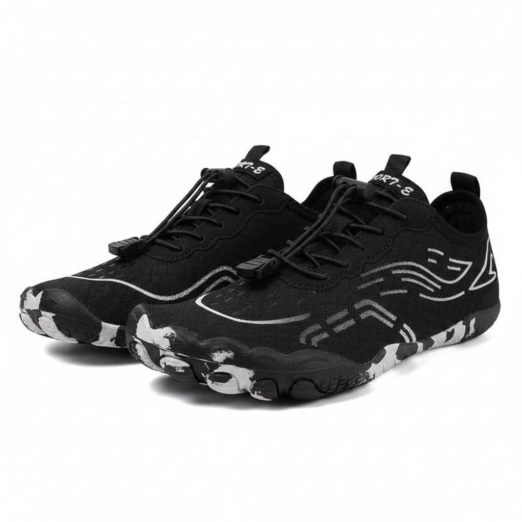Black unisex water shoes with lace-up knit upper and rugged non-slip sole